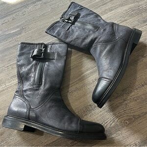 Aquatalia Black Leather Tall Moto Boots Cap Toe